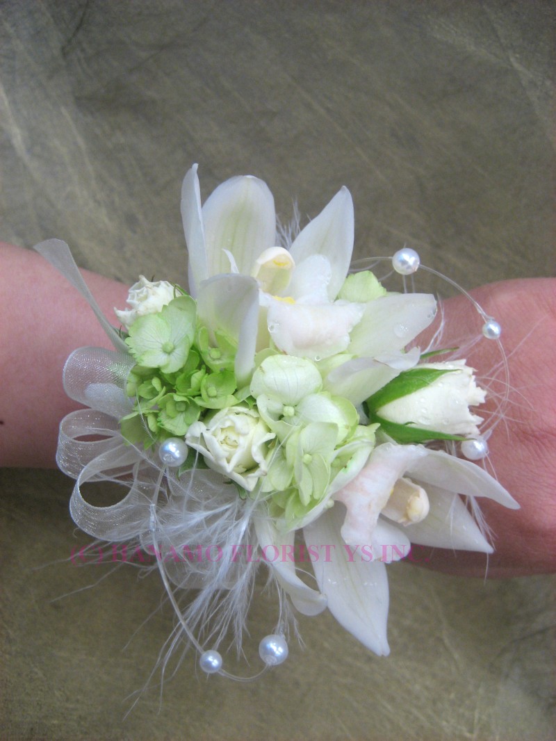 CORS000 Wrist Corsage Mini Cymbidium Spray Rose &Feather